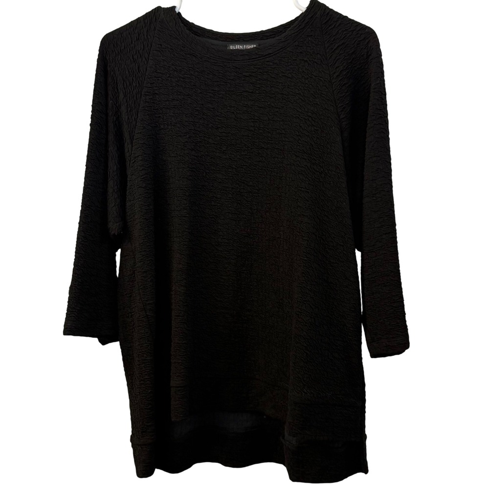 Eileen Fisher Petite Black Textured Tencel Cotton Blend Tunic Top PM R19RRD